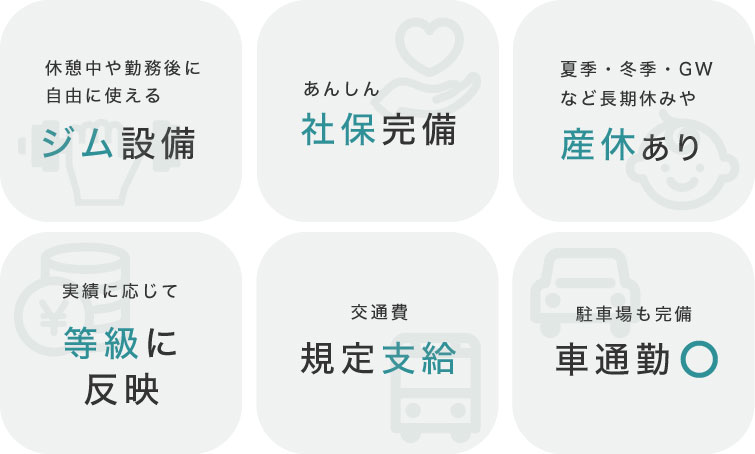 ジム設備、社保完備、長期休みや産休あり、実績に応じて等級に反映、交通費規定支給、駐車場も完備車通勤